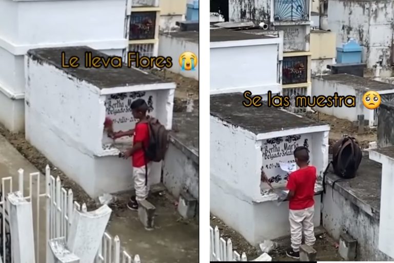 Un niño visita la tumba de su madre y le muestra sus calificaciones
