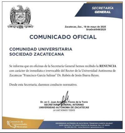 Renuncia Rubén Ibarra Reyes como rector de la UAZ