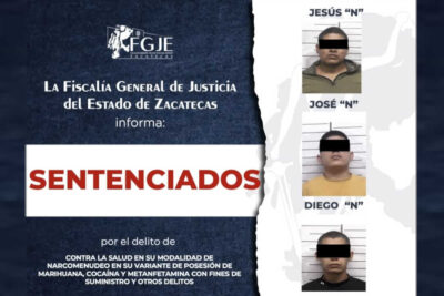 Condenan a tres sujetos por delitos de narcomenudeo, robo y asociación delictuosa en Zacatecas
