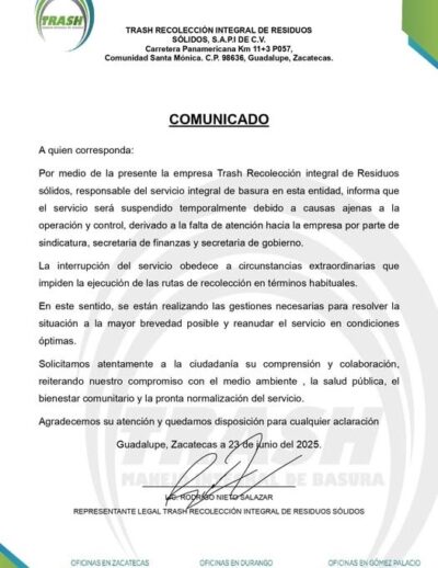 MSuspenden servicio de recolección de basura en Guadalupe