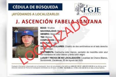 Localizan sin vida a joven que estaba desaparecido en Sombrerete