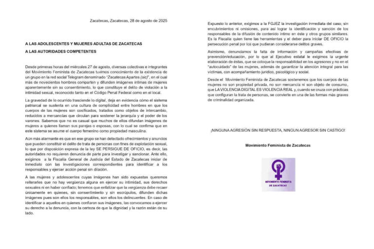 Feministas de Zacatecas denuncian grupo en Telegram por violencia digital
