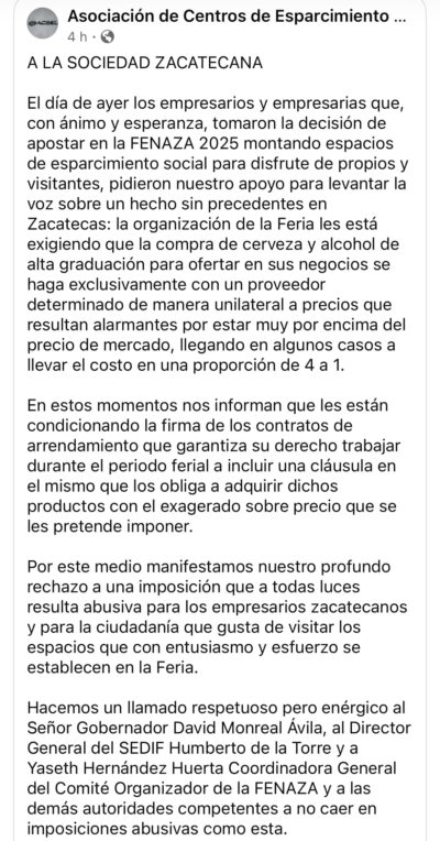 Empresarios denuncian imposición de proveedor único y sobreprecio en venta de alcohol en la FENAZA 2025