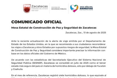 Zacatecas asegura ser de los estados más seguros tras alerta de Estados Unidos