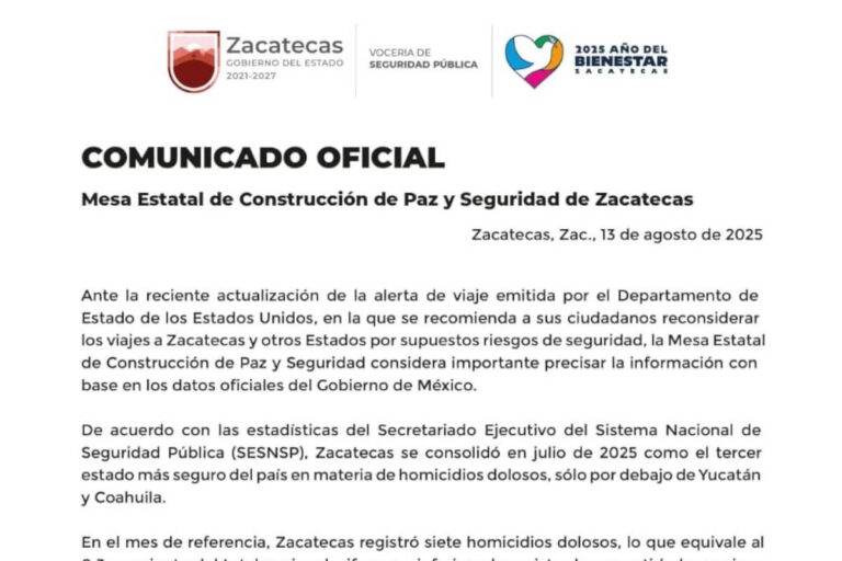 Zacatecas asegura ser de los estados más seguros tras alerta de Estados Unidos