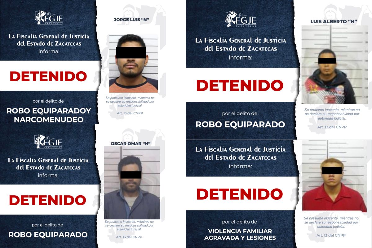 Siete detenidos en Zacatecas por diversos delitos graves.