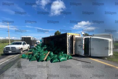 Camión de chile sufre volcadura en la Carretera Federal 45