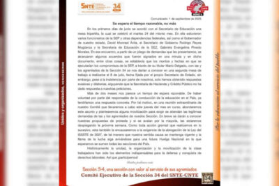 Sección 34 del SNTE amenaza movilizarse y exige respuestas al Gobierno