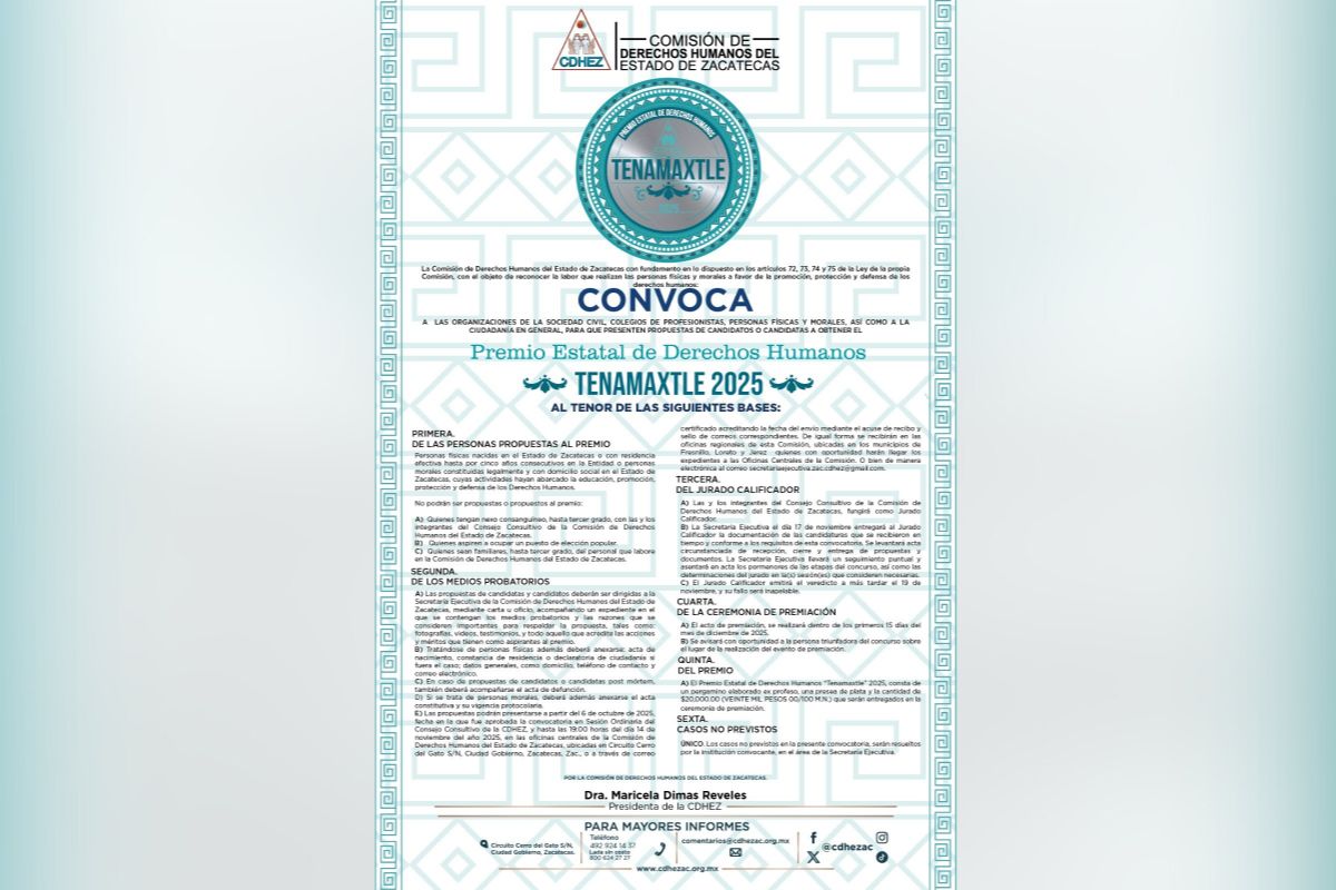 Convocan al Premio Estatal de Derechos Humanos 2025.
