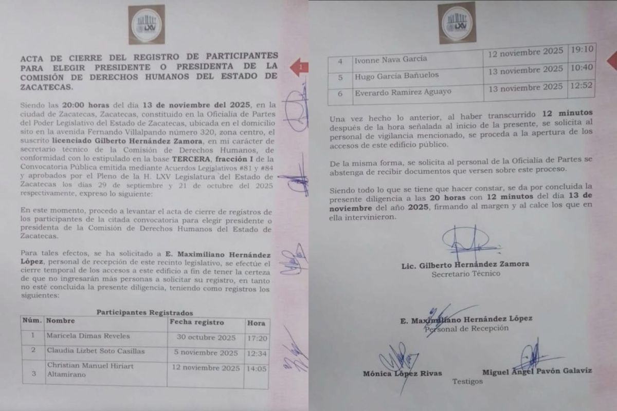 Seis aspirantes completan registro para dirigir la Comisión de Derechos Humanos de Zacatecas.
