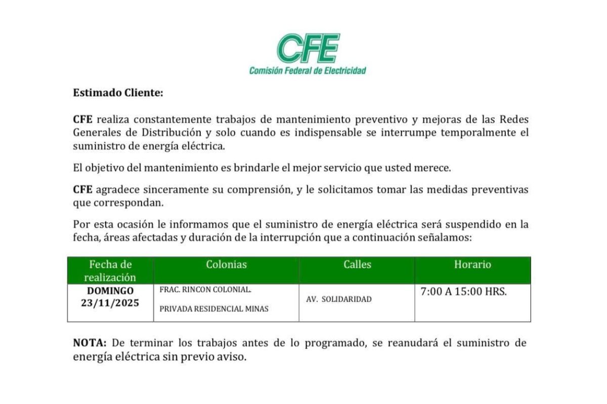 CFE suspenderá temporalmente el servicio eléctrico por trabajos de mantenimiento en Zacatecas.