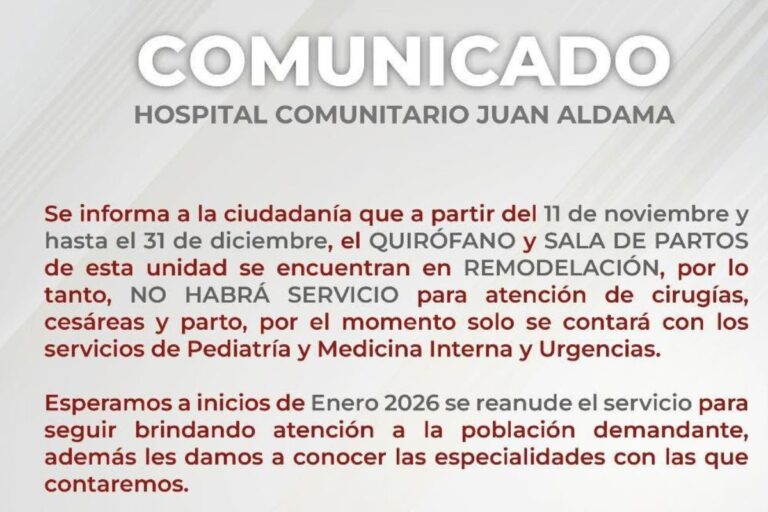 Hospital Comunitario de Juan Aldama suspende cirugías y partos por remodelación