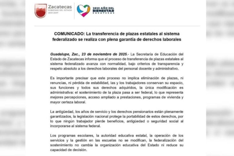 Avanza transferencia de plazas estatales a federales en Zacatecas; garantizan derechos laborales de docentes