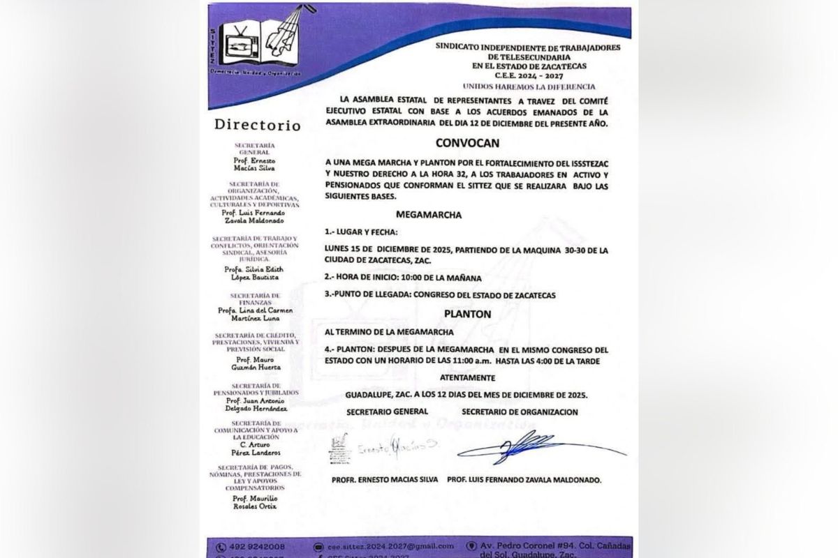 SITTEZ convoca megamarcha y plantón para exigir rescate del ISSSTEZAC.