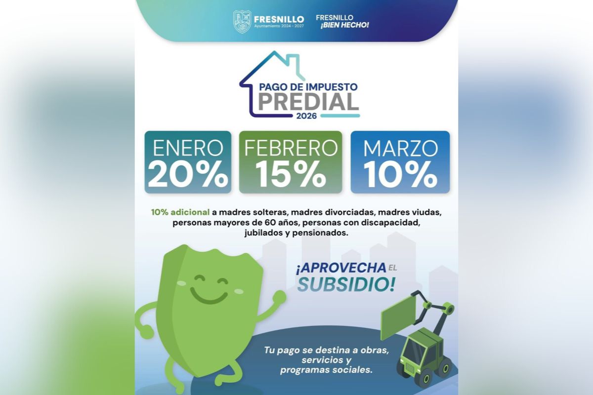 Fresnillo anuncia calendario de descuentos para el impuesto Predial del ejercicio fiscal 2026.