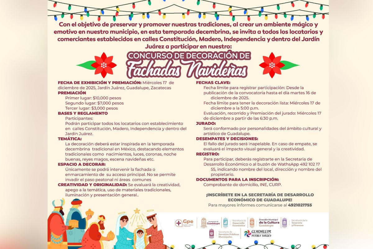 Guadalupe lanza concurso de fachadas navideñas para impulsar tradición y comercio local.