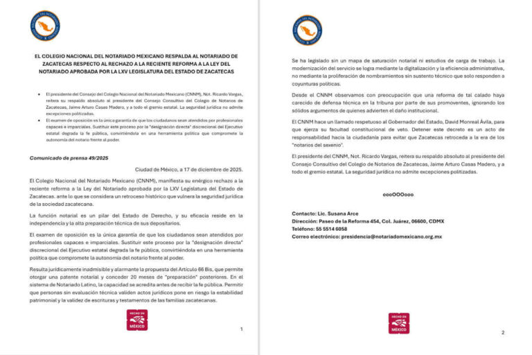 Colegio Nacional del Notariado Mexicano respalda al notariado de Zacatecas y rechaza reforma a la Ley del Notariado