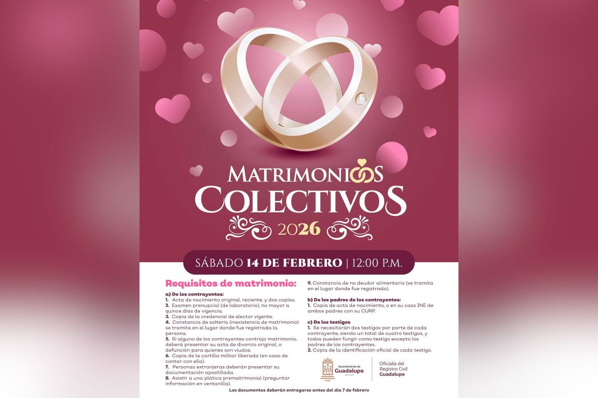Guadalupe abre convocatoria para matrimonios colectivos en febrero de 2026.
