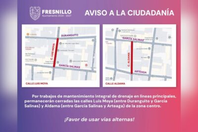 Cierran calles del centro de Fresnillo por mantenimiento del drenaje sanitario
