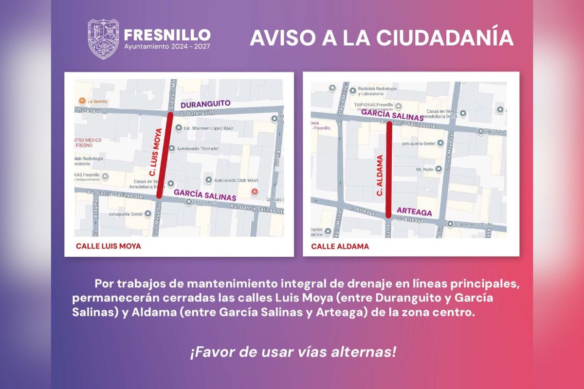 Cierran calles del centro de Fresnillo por mantenimiento del drenaje sanitario