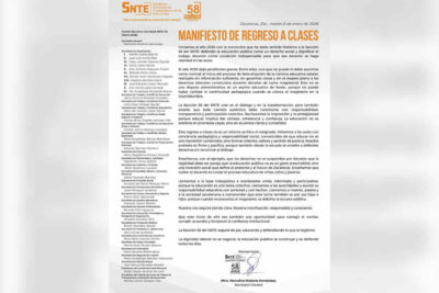 SNTE Sección 58 emite Manifiesto de Regreso a Clases en Zacatecas