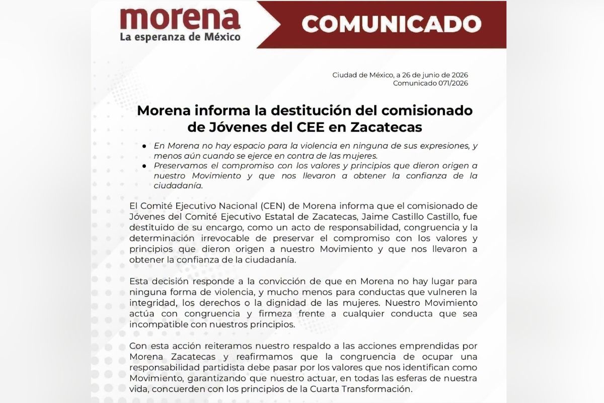Morena destituye a su comisionado de Jóvenes en Zacatecas tras denuncia de presunta agresión.