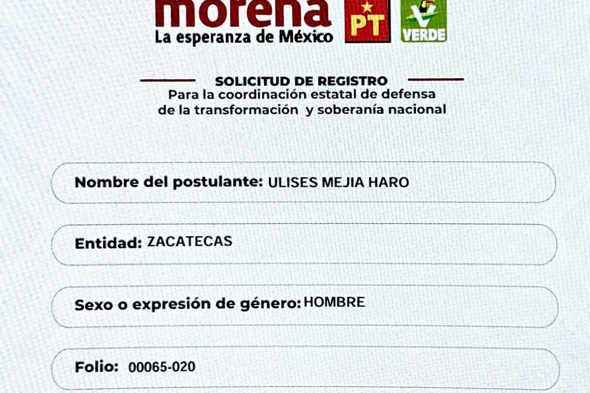 Ulises Mejía Haro formaliza su registro en el proceso interno de Morena en Zacatecas.