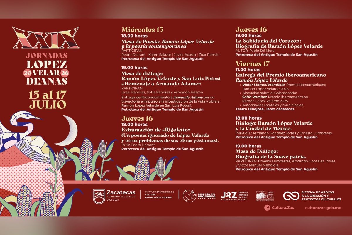 Zacatecas reunirá a especialistas y escritores en las Jornadas Lopezvelardeanas 2026.